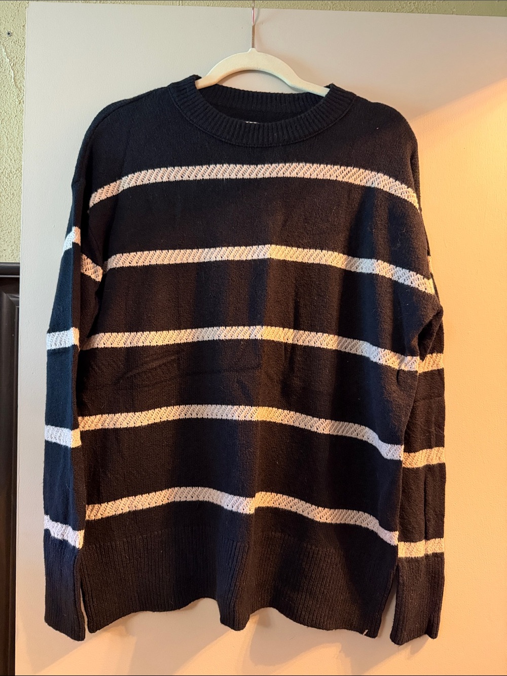 Womens Black Crewneck Sweater with White Stripes size xxs